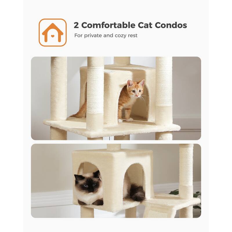 Multi-Level Indoor Large Cat Tree Scratching Post with 2 Perches, 2 Condos, Hammock and 2 Pompoms