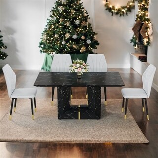 Elegant 63" Black Marble Wood Dining Set with 4 Light Gray PU Chairs ...