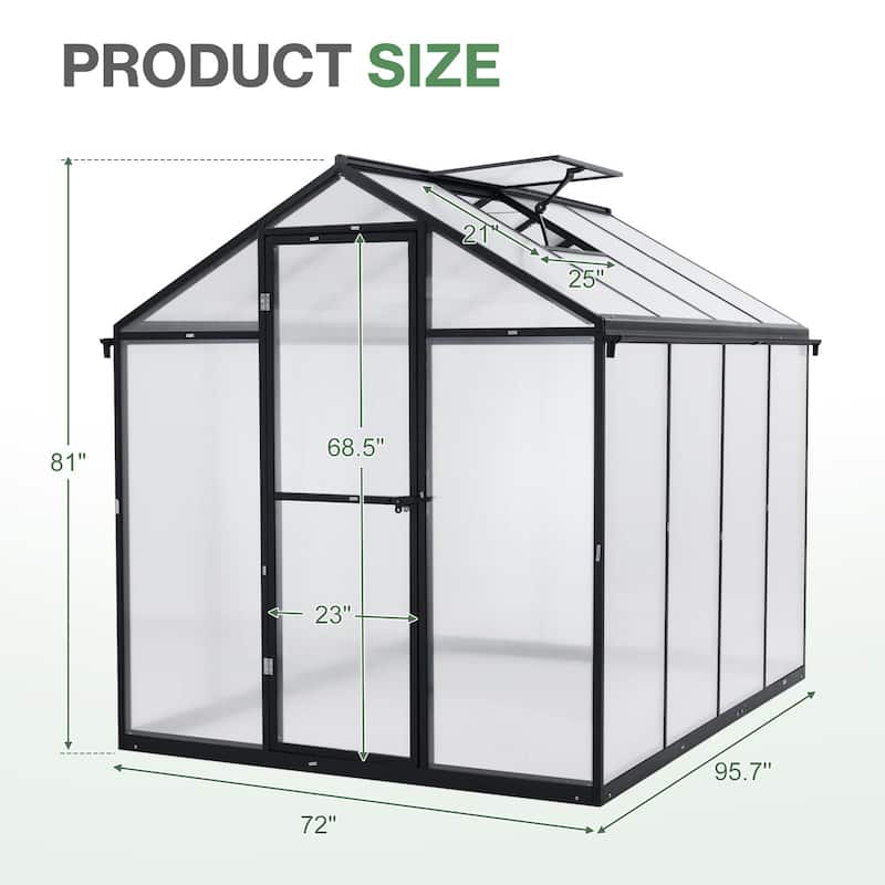 Aoodor Polycarbonate Walk-in Greenhouse with Aluminum Frame and Roof Vent
