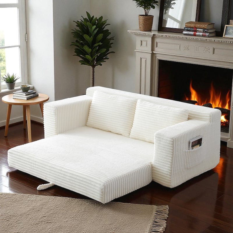Memory Foam Cloud Loveseat, 2-in-1 Convertible Corduroy Folding Couch Bed, No-Assembly Floor Sofa with Storage Pockets