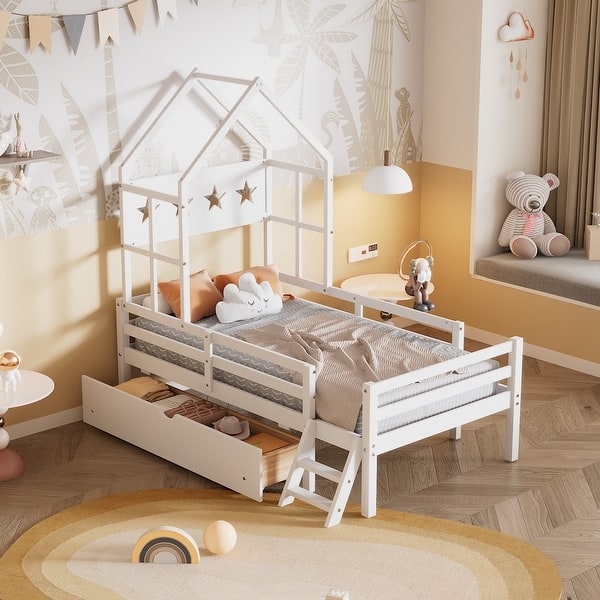 slide 2 of 9, Wood Twin House Bed with Guardrail and Drawer, Rustic Design, Easy Assembly, White White