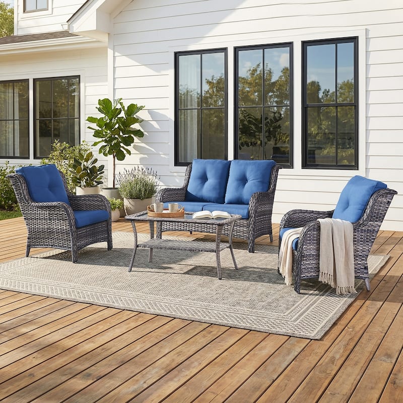 Pocassy Outdoor Patio Wciker Sofa Furniture Set of Chair Table. - Gray Wicker with Blue Cushion - 4-Pieces Loveseat Sofa Chair w/ Coffee Table
