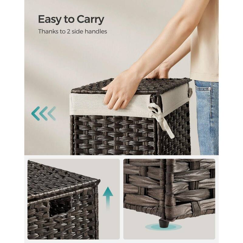 Portable Wicker Basket with Lid Waterproof Foldable Laundry Hamper with Washable Liner and Cut-Out Handles