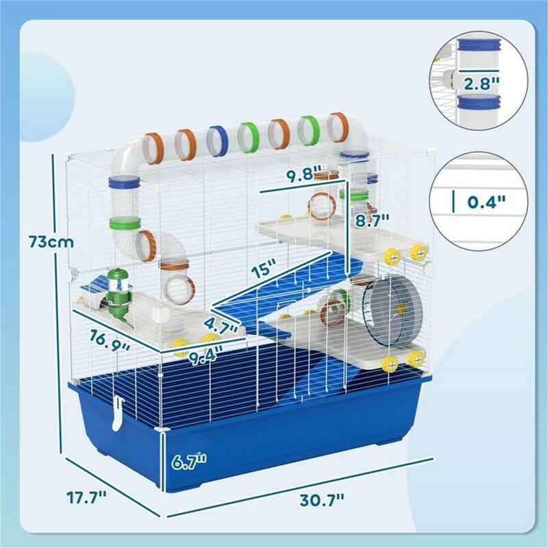 Blue Metal Hamster Cage with Tubes, Wheel, Ramps and Accessories - 30.7" L x 17.7" W x 28.7" H