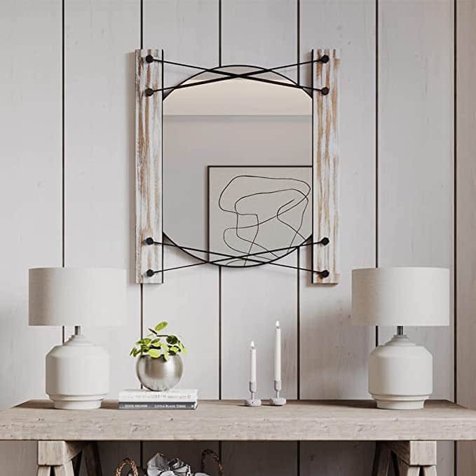 MacLuu Rustic Wood Wall Mirror - White Washed - 24.4"×27.5"