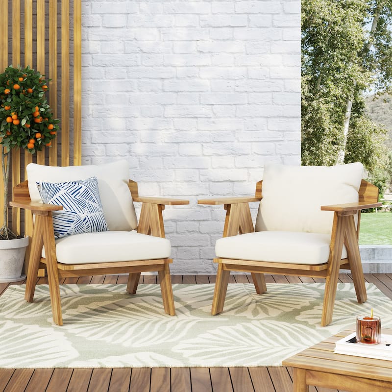 Arcola Outdoor Acacia Wood Club Chairs with Cushions (Set 2) by Christopher Knight Home - Teak Finish + Beige