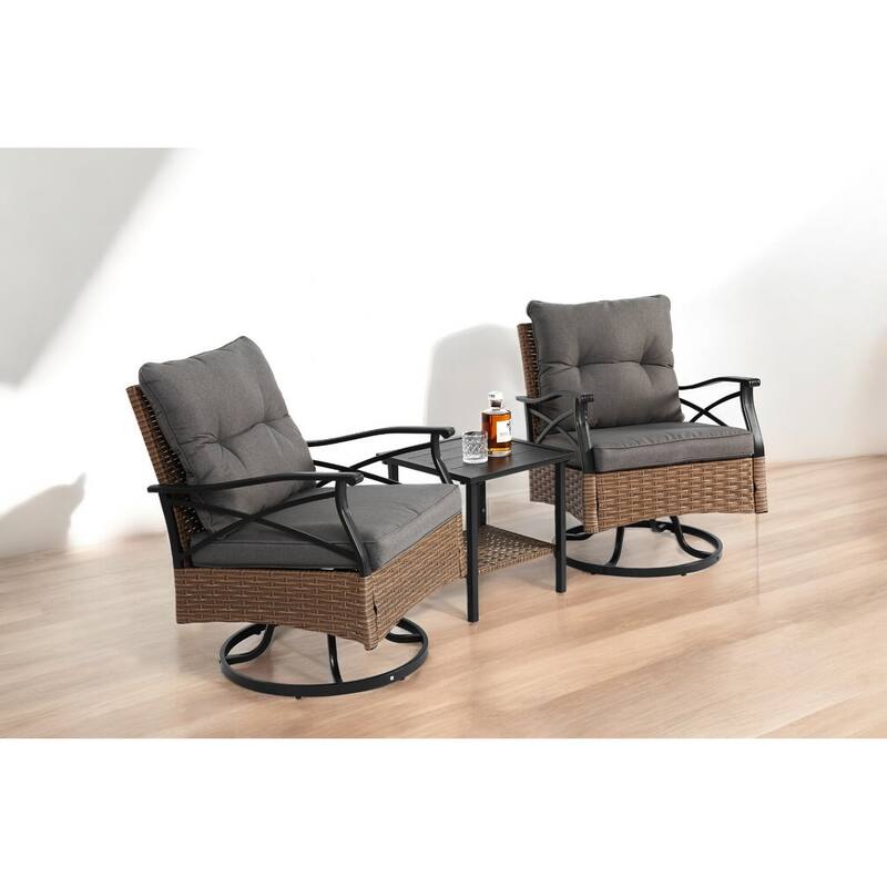 3-Piece Outdoor Swivel Rocker Set - Rocker Chairs with Cushions & Glass Table for Patio, Garden, or Balcony