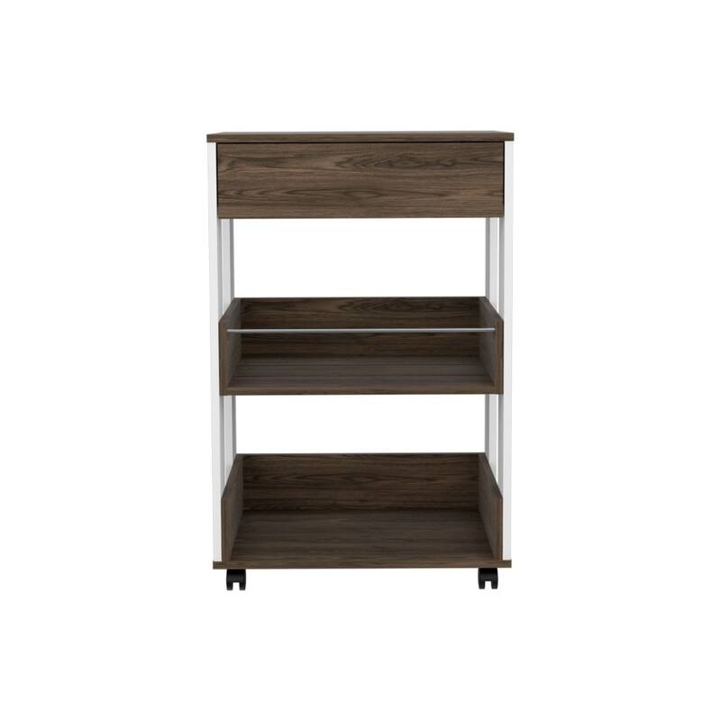 Rolling Kitchen Cart, 35" H, 3 Shelves, Four Casters, White & Dark Walnut Finish