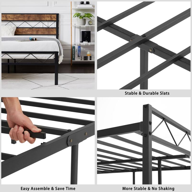 VECELO Retro Platform Bed Frame Wood Headboard, Twin/Full/Queen Size Beds