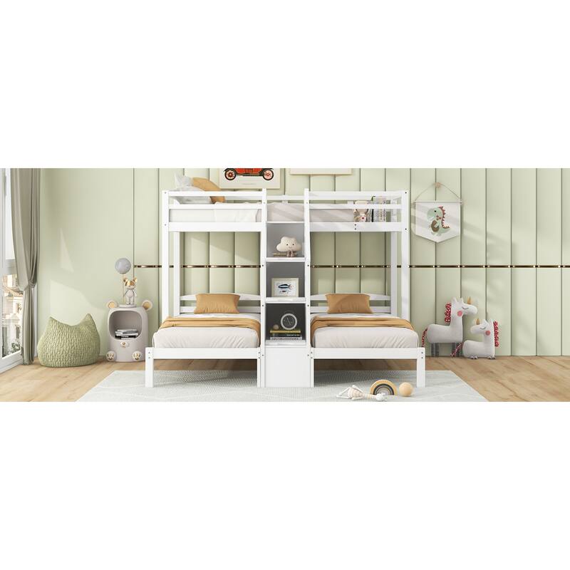 Roomfitters Twin Over Twin and Twin Triple Bunk Bed with Storage Staircase and Drawer, White