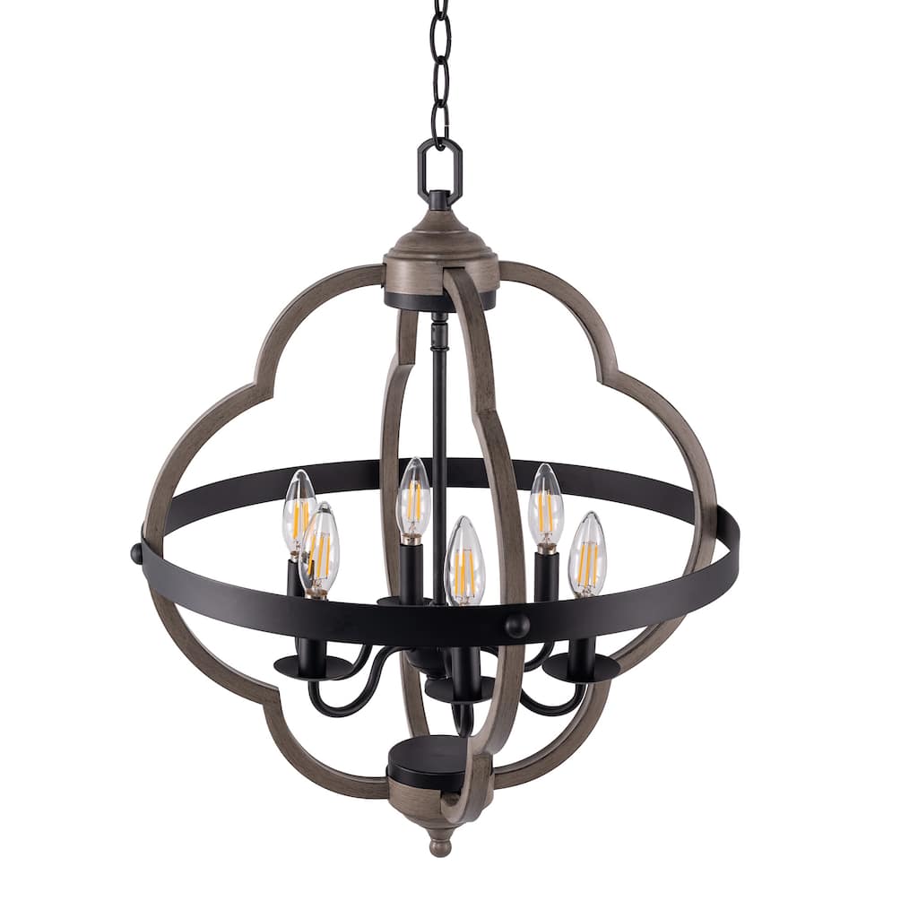 6-light pendant with black&wood finish and steel cage shade