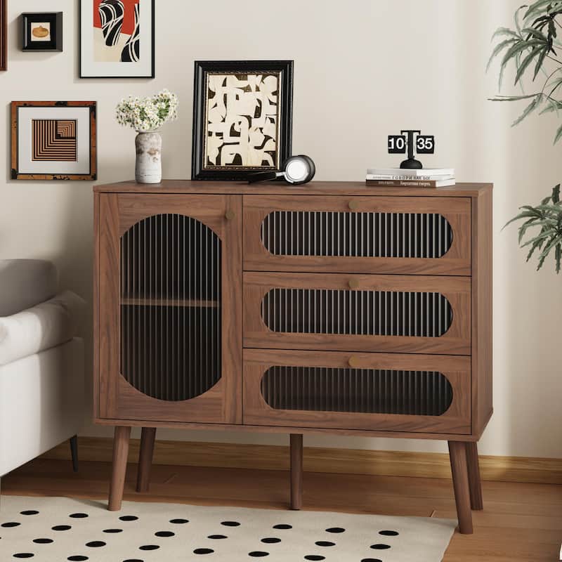 Accent Cabinet with 3 Drawers and Door, Wooden Storage Cabinet with Shelves, Sideboard for Living Room, Entryway, Natural