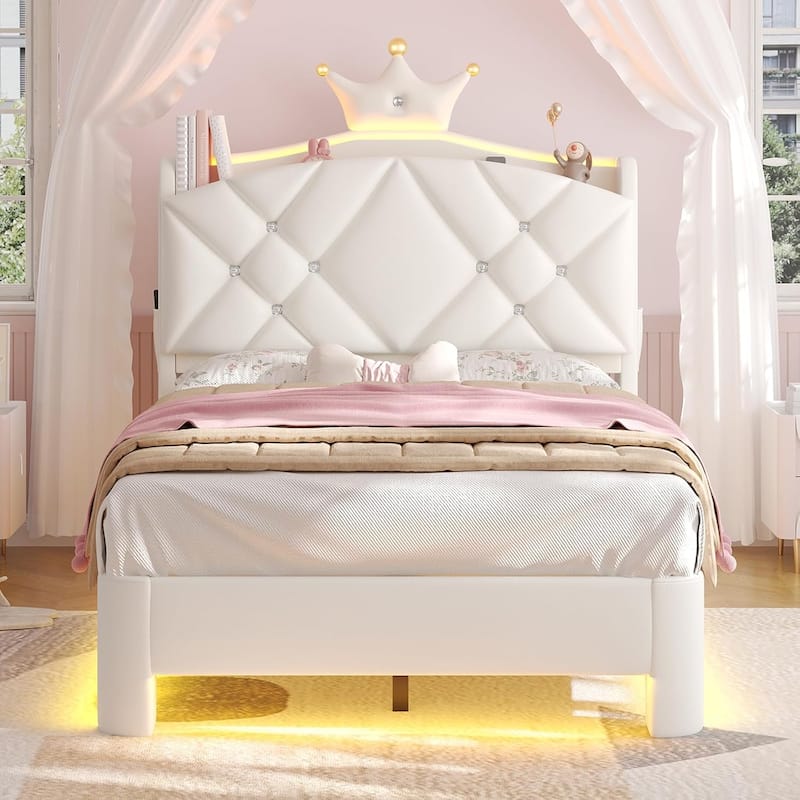 Princess Upholstered Bed with Headboard Charging Station Crystal Button Crown