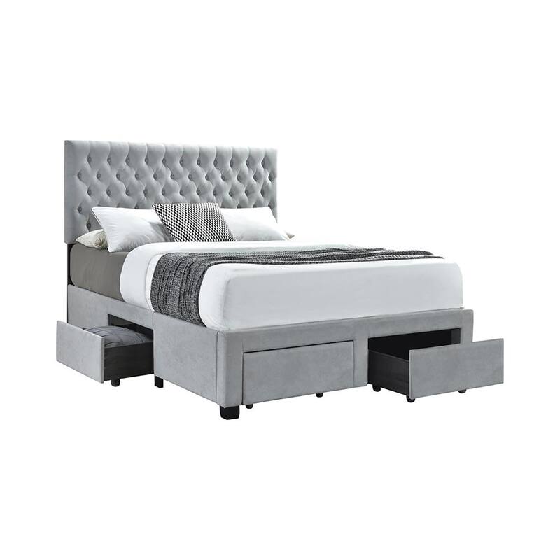 Light Grey Tufted 4-Drawer Queen Storage Bed with Upholstered Headboard