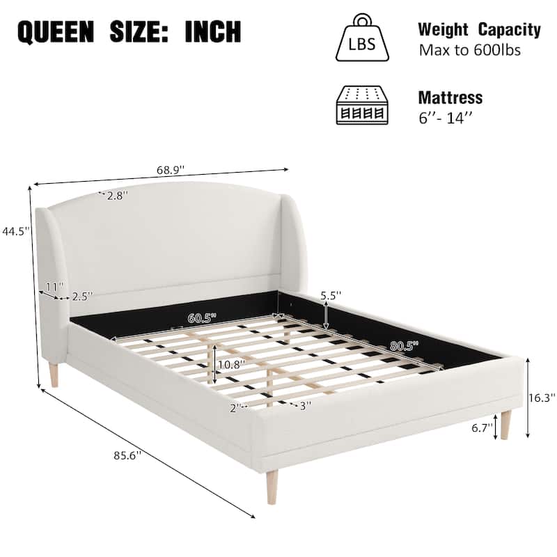 Boucle Upholstered Platform Bed with Rounded Corner Wingback Headboard