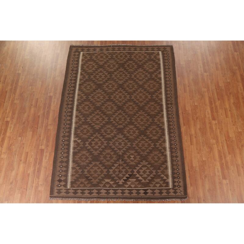 Hand Woven Oriental 100% Wool Carpet Southwestern Geometric Brown Kilim Area Rug - 9' 8'' X 6' 9''