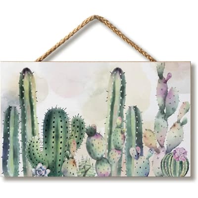 Watercolor Cactus Decorative Hanging Wood Sign 9.5” by 5.75”