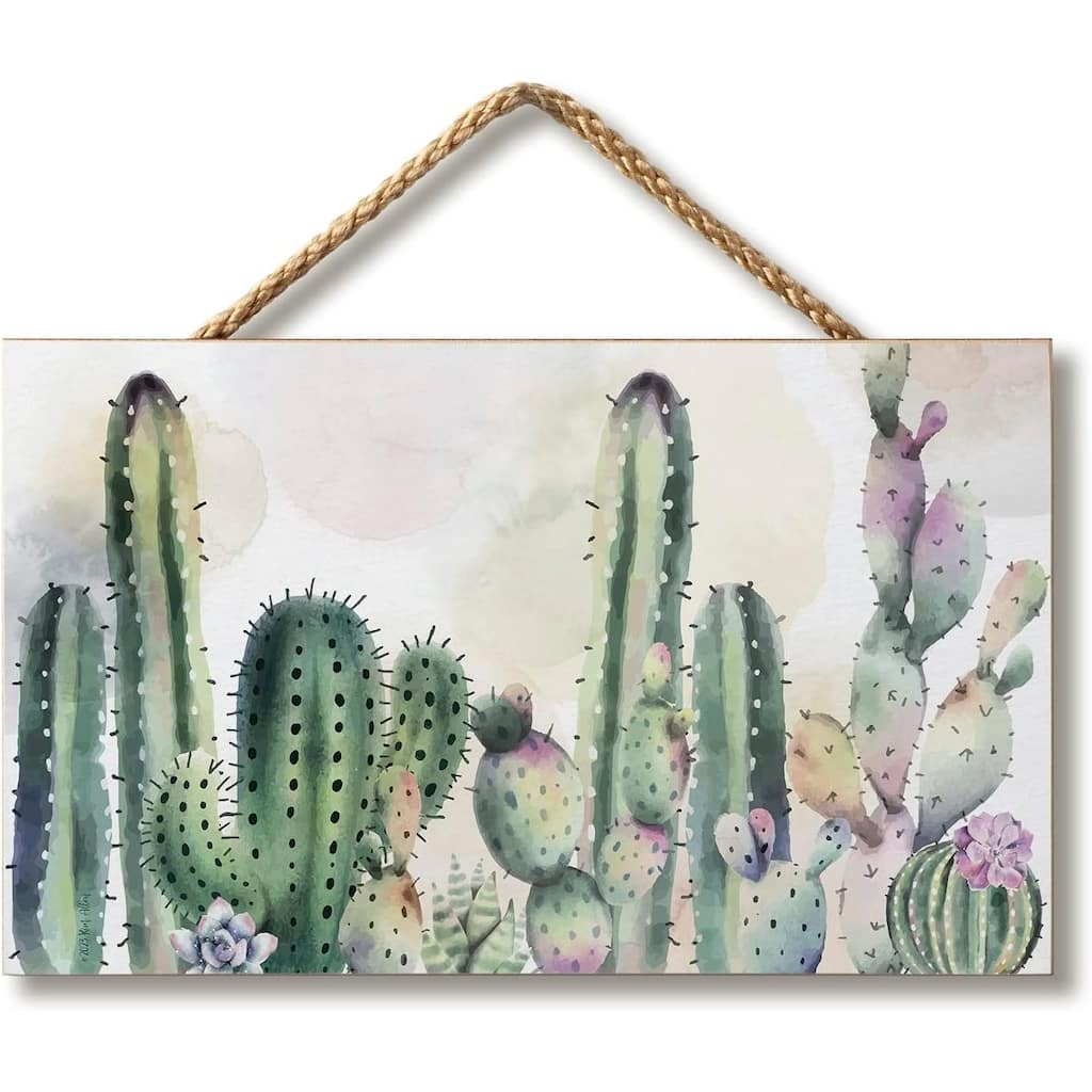 Watercolor Cactus Decorative Hanging Wood Sign 9.5” by 5.75”