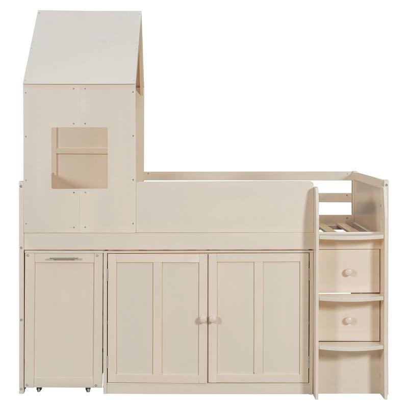 Twin Wood Loft Bed with Desk, Drawers & Cabinets, Space-Saving Design