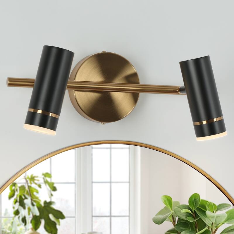 Modern Black Gold 2-Light LED Bathroom Vanity Light with Cylinder Shades - 16" L x 7.5" W x 6.5" H