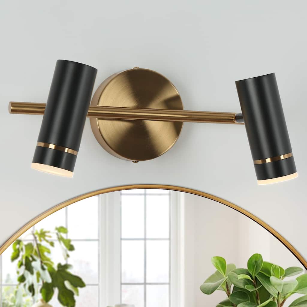 Modern Black Gold 2-Light LED Bathroom Vanity Light with Cylinder Shades - 16" L x 7.5" W x 6.5" H
