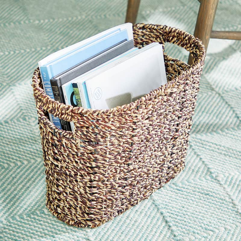 Brown Seagrass Handmade Woven Single Slot Magazine Holder with Light Brown Accents