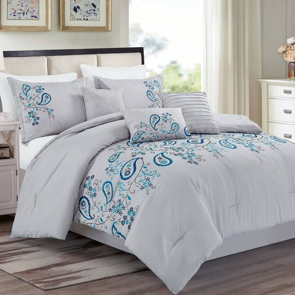 Embroidery Comforter Set 7 Alternative CalKing Arctic Ice Bed Bath