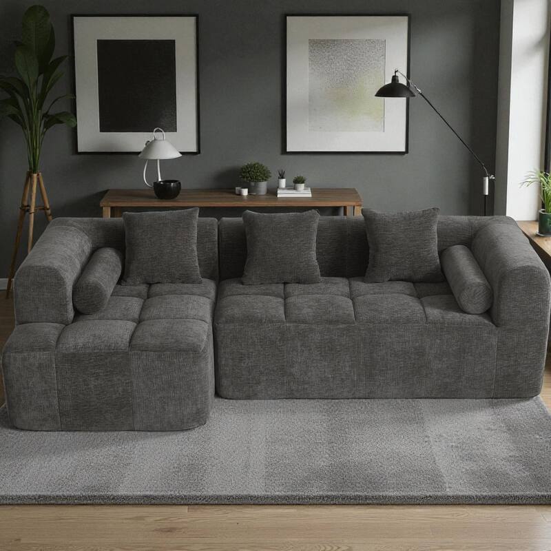 101.2" Modular Sectional Sofa Full-Foam Compressed Couch with Deep Seating Side Pockets Square & Bolster Pillows