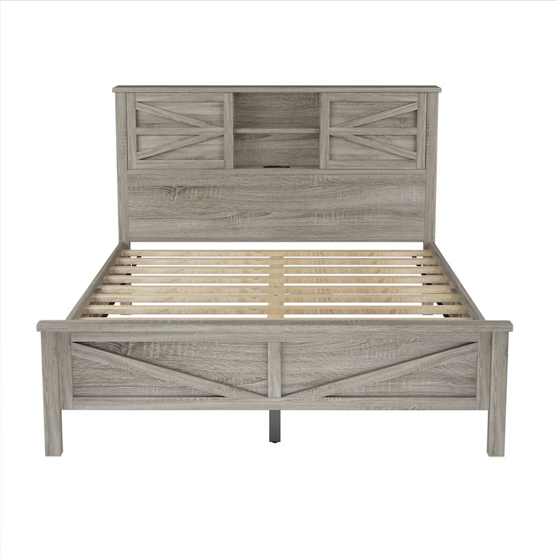 Farmhouse Platform Bed with Double Sliding Barn Door, Rustic Wood Bed