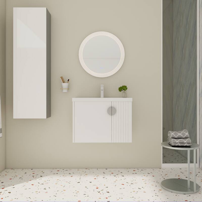 Wall-Mounted Bathroom Vanity with Ceramic Sink, Soft-Close Doors, Unique 3D Wave Design, and Metal Handles - 27.75in L Plywood