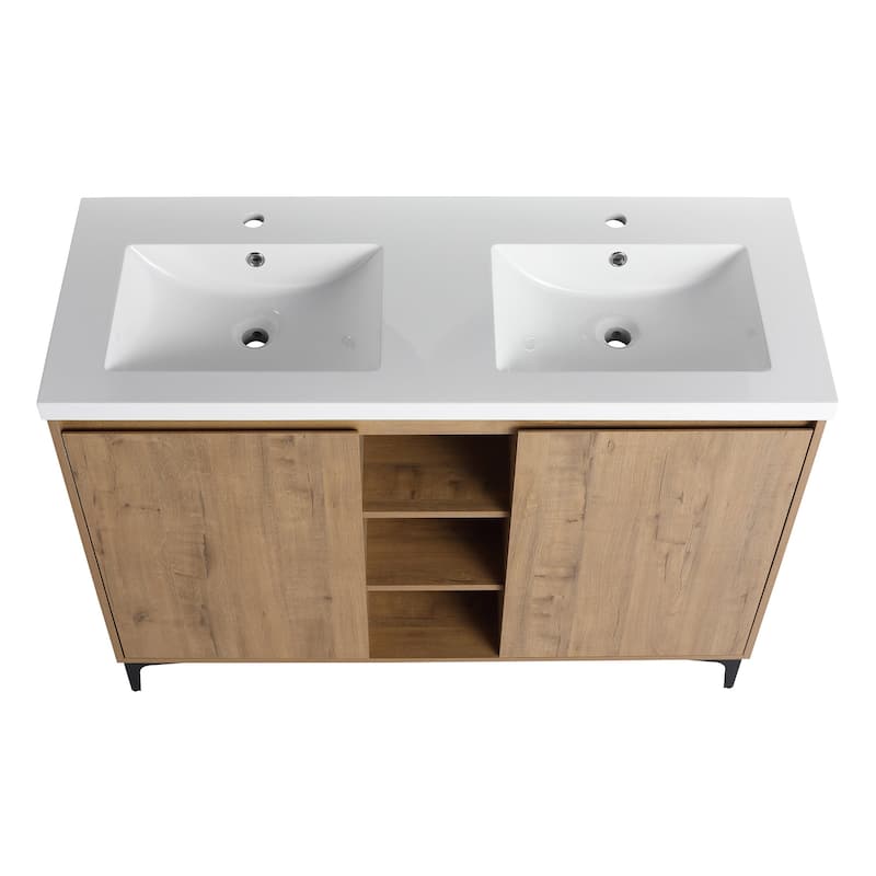 48 Inch Plywood Freestanding Bathroom Vanity Set in Imitative Oak with Integrated Double Resin Sink