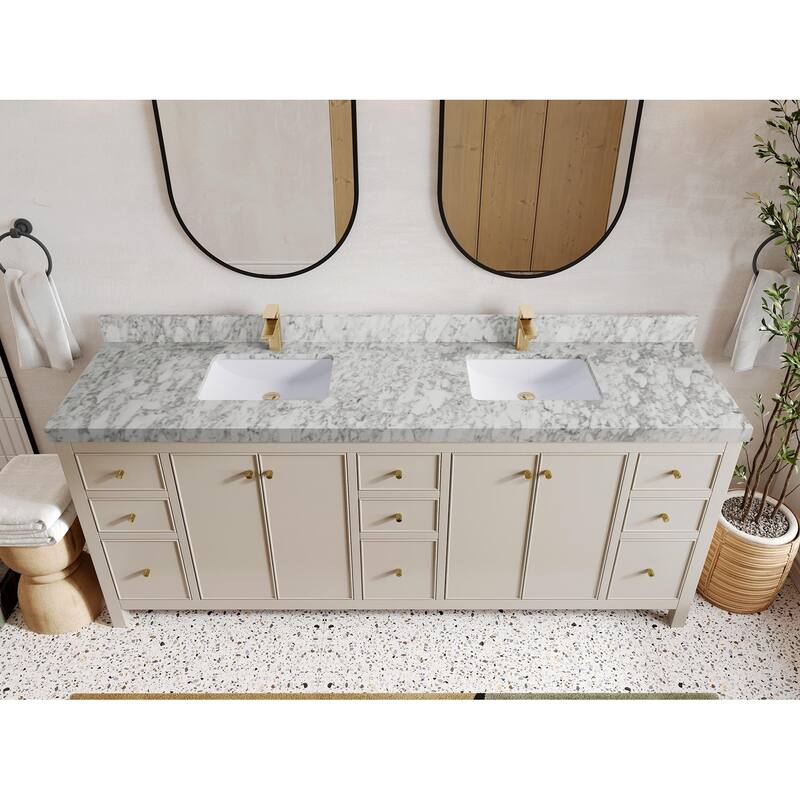 Willow Collections 84 in. W x 22 in. D Chicago Double Bowl Sink Bathroom Vanity with Countertop - 2” Carrara Marble - Fine Grain