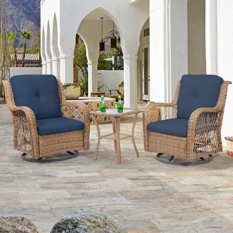 COZYWOR 3-Piece Yellow Wicker Outdoor Patio Swivel Rocking Chair