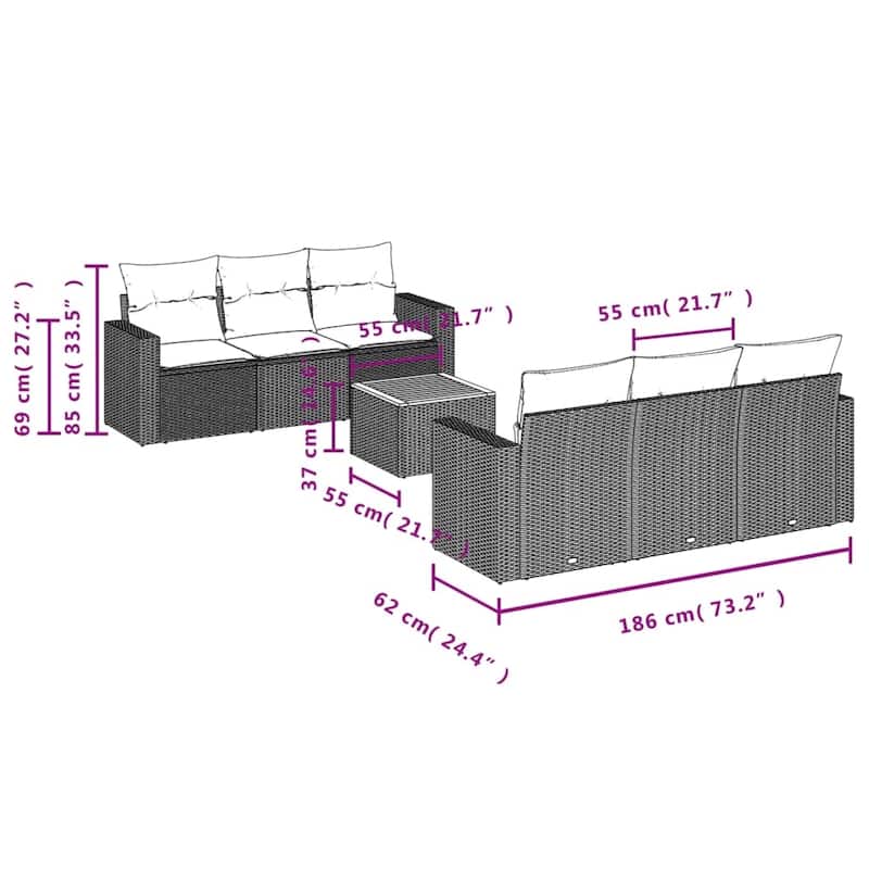 vidaXL Patio Sofa Set with Cushions Outdoor Furniture 7 Piece Poly Rattan - 25.8 x 24.4 x 27.2