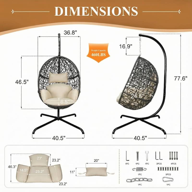 Oversized Egg Chair with Stand, 460 lbs Heavy-Duty Outdoor/Indoor Wicker Hanging Basket Chair