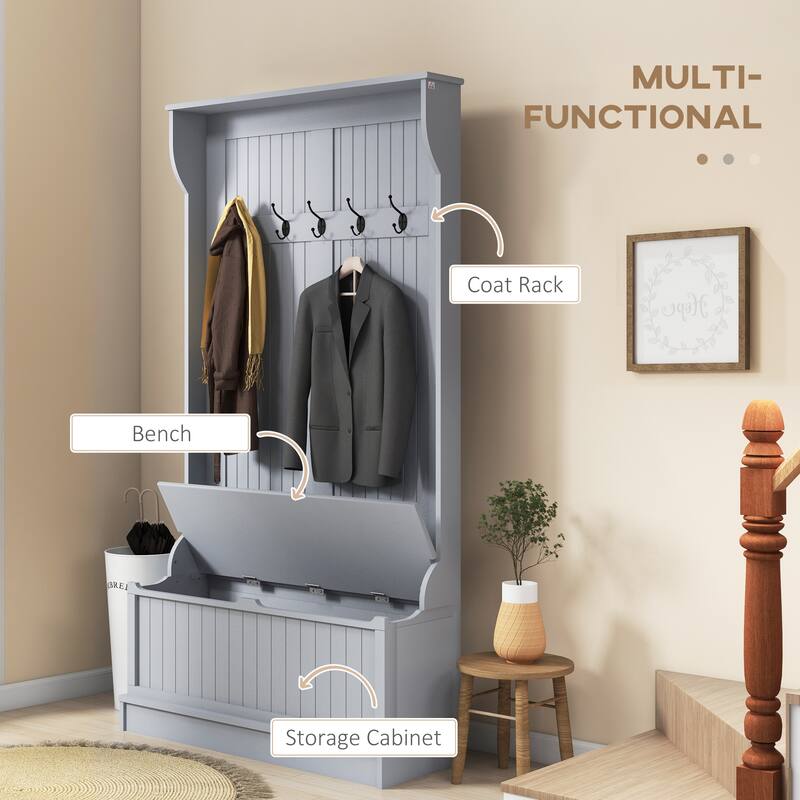 Grey MDF Entryway Shoe Bench with Steel Hooks and Storage Seat - 37.75" W x 13.5" D x 70.75" H