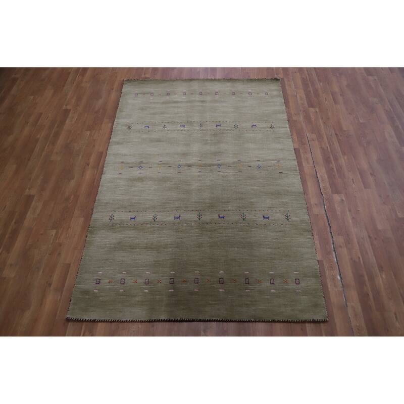 Hand Knotted Oriental 100% Wool Carpet Tribal Animal Pictorial Green Gabbeh Area Rug - 7' 8'' X 4' 11''