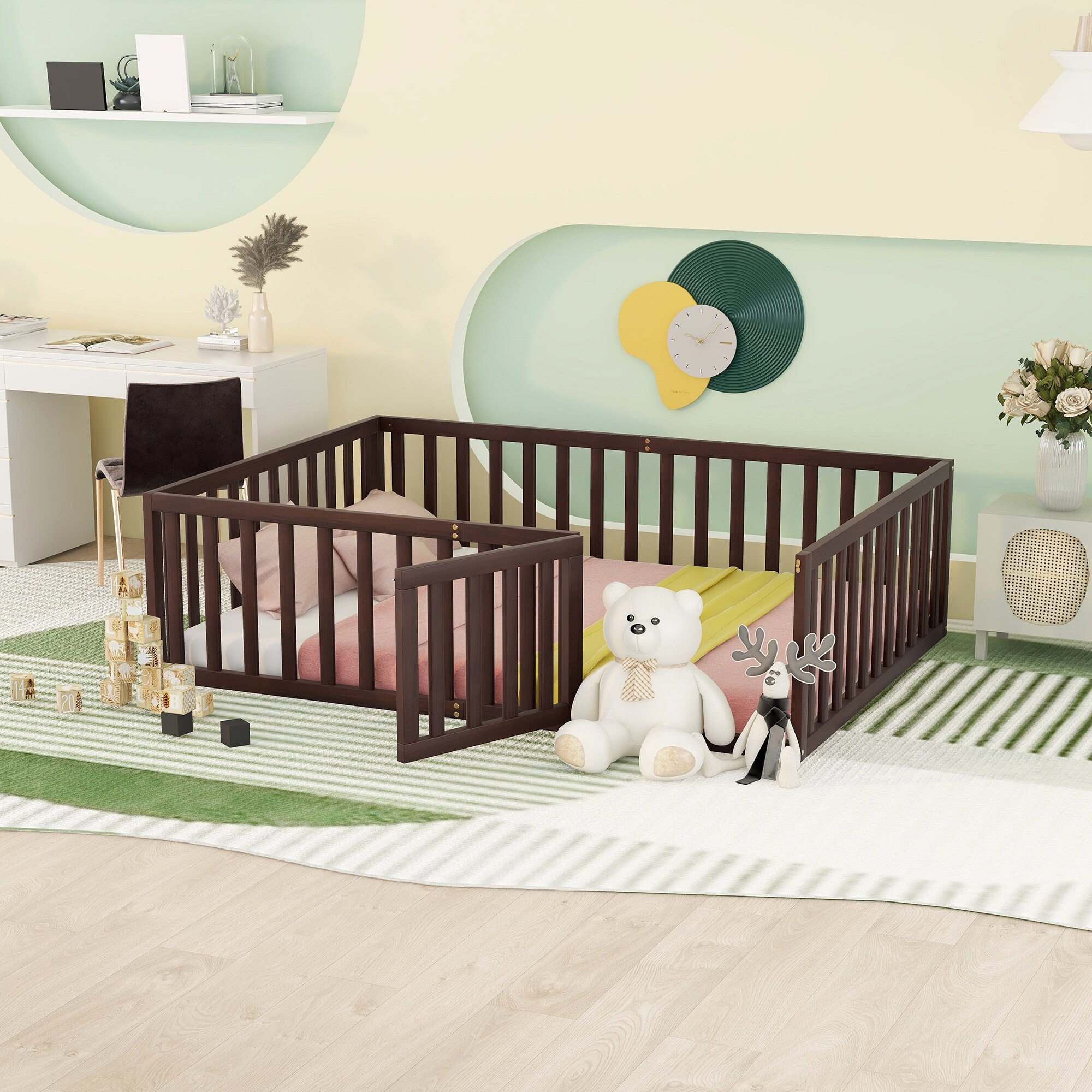 Full over Full Low Bunk Bed with Slide Fence and Ladder Ideal for Toddler Kids Solid Wood Slats Support