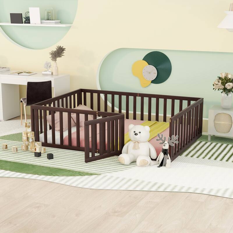 Versatile Wooden Floor Bed Frame without Slats, Solid Pinewood Kids Bed Frame with Fence and Door