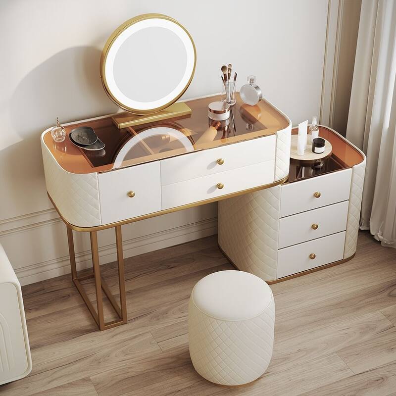 Modern Makeup Vanity Set with Mirror，Tempered Glass Tabletop, 6 Solid Wood Drawers with Leather, Gold-Plated, Stool, Beige