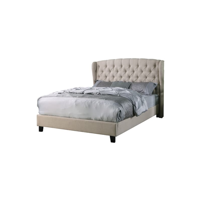 Linen Blend Platform Bed - Eastern King - Beige Tufted Design - No Box Spring Needed