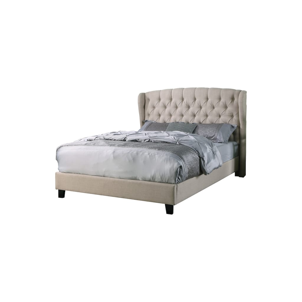 Linen Blend Platform Bed - Eastern King - Beige Tufted Design - No Box Spring Needed