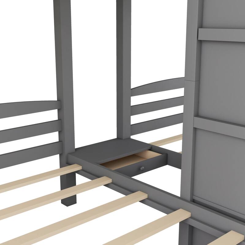 Twin Over Twin Over Twin Bunk Bed for 3 Kids, Pine Wood Triple Bunk Bed Frame with Built-in Staircase and Storage Drawer, Gray