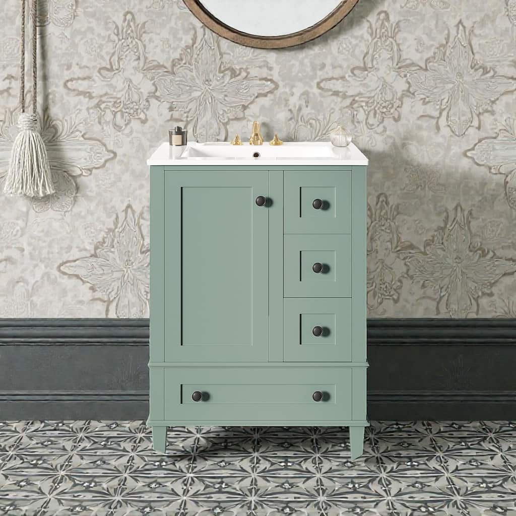 24" Bathroom Vanity with Integrated Ceramic Sink, Soft-Close Drawers and Door, Cabinet with Door Storage Rack