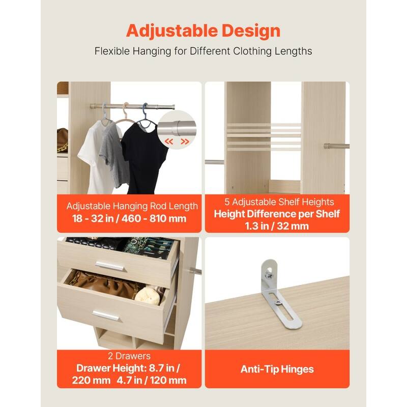 60” Grey Oak MDF Closet Storage Drawers with Hanging Rods and 17 Organized Compartments - 60” x 15.8” x 73”