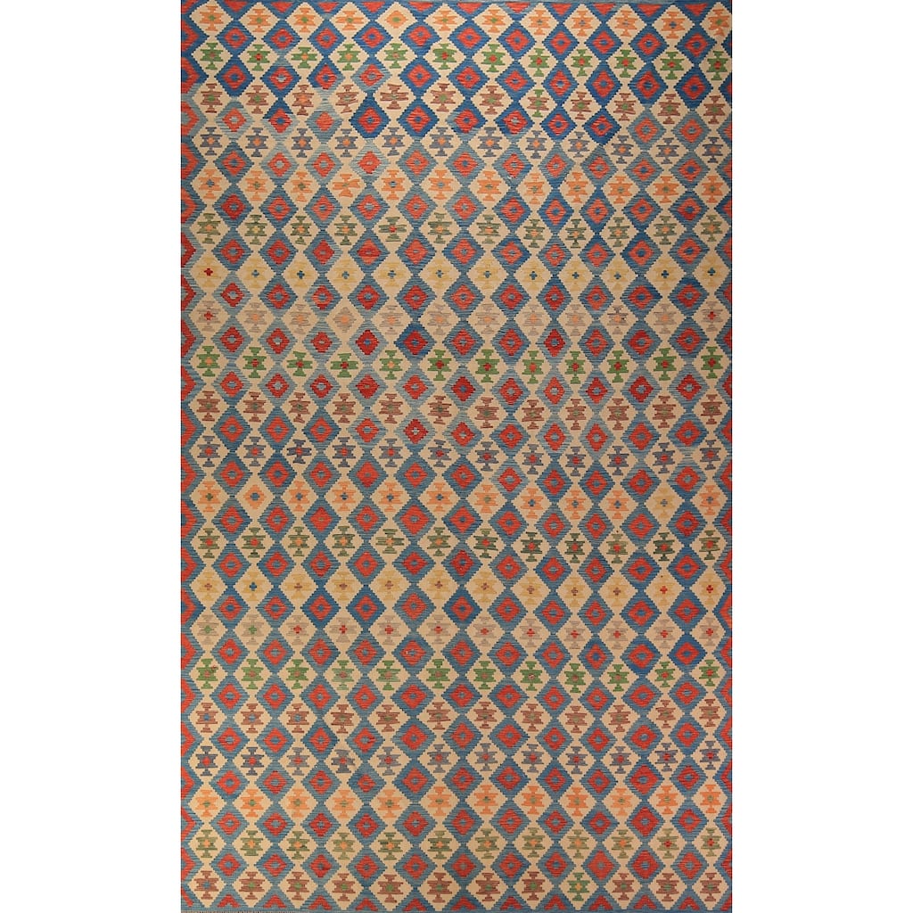 All-Over Trellis Colorful Kilim Large Rug Flatweave Wool Carpet - 10'1" x 15'10"