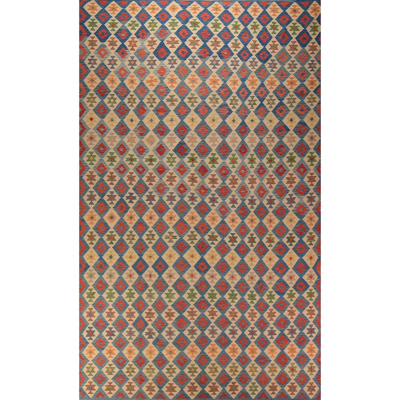 All-Over Trellis Colorful Kilim Large Rug Flatweave Wool Carpet - 10'1" x 15'10"