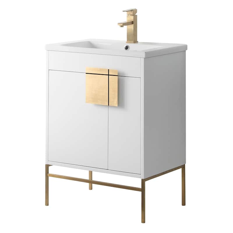 24-inch Modern Bathroom Vanity Set w/ Vitreous China Sink Top - Satin Brass - Matte White Paint