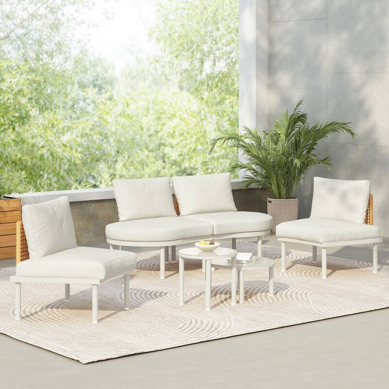 6-Piece Patio Half Moon Sofa Set with 2 High-Low Coffee Tables, 4 Pillows & Cushions - Beige