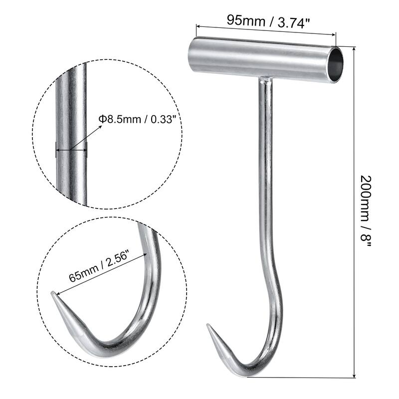 8"(200mm) T-Handle Meat Boning Hook, Galvanized Curved T Hooks for Butcher - Silver Tone